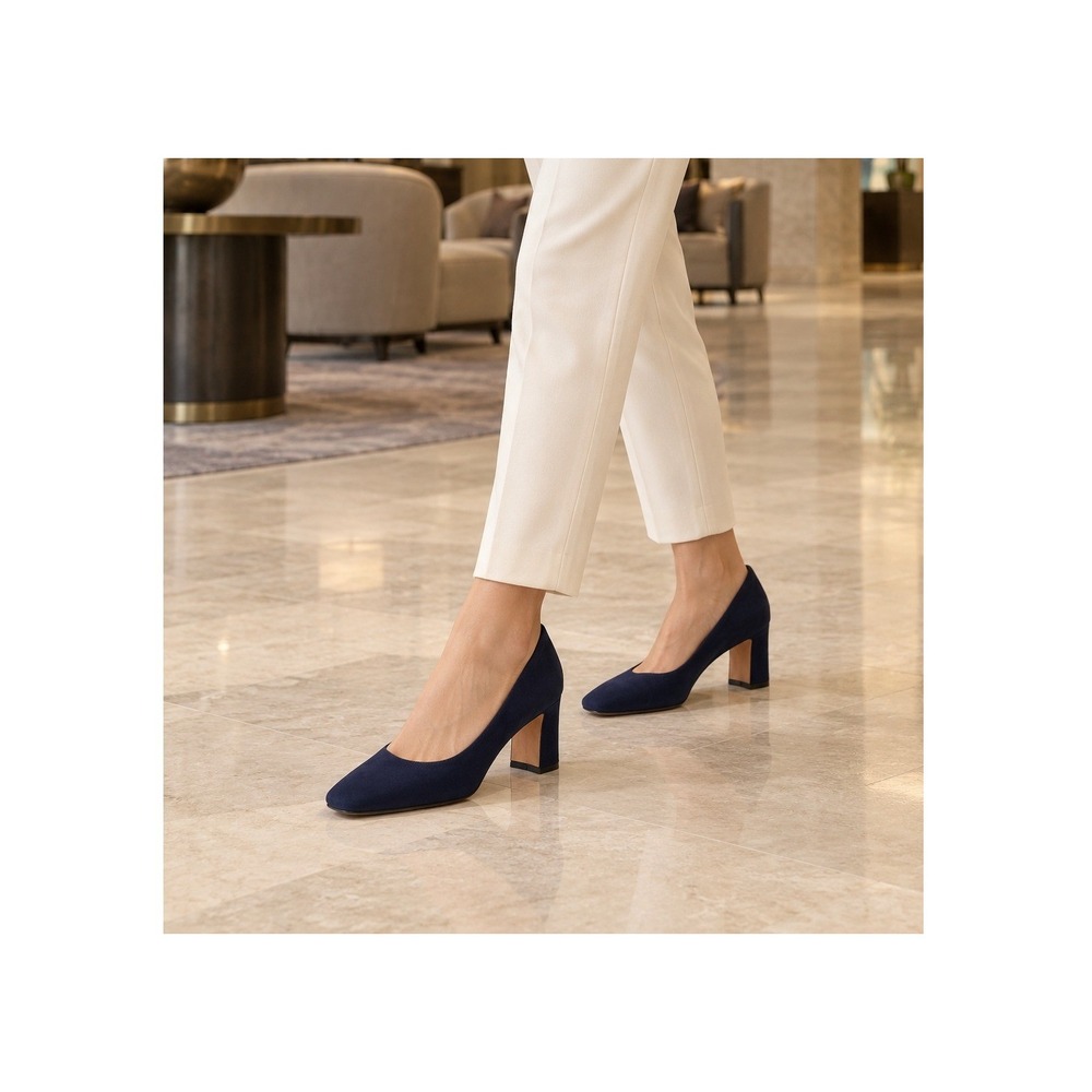 Classiques Entier Navy Blue Crepe Fabric Square Toe Block Heel Pumps Made Italy